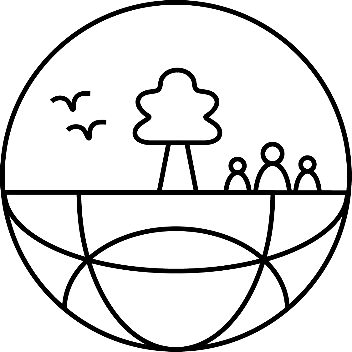A line-based icon depicting people, a tree, and birds in a circle with connection lines in the lower half