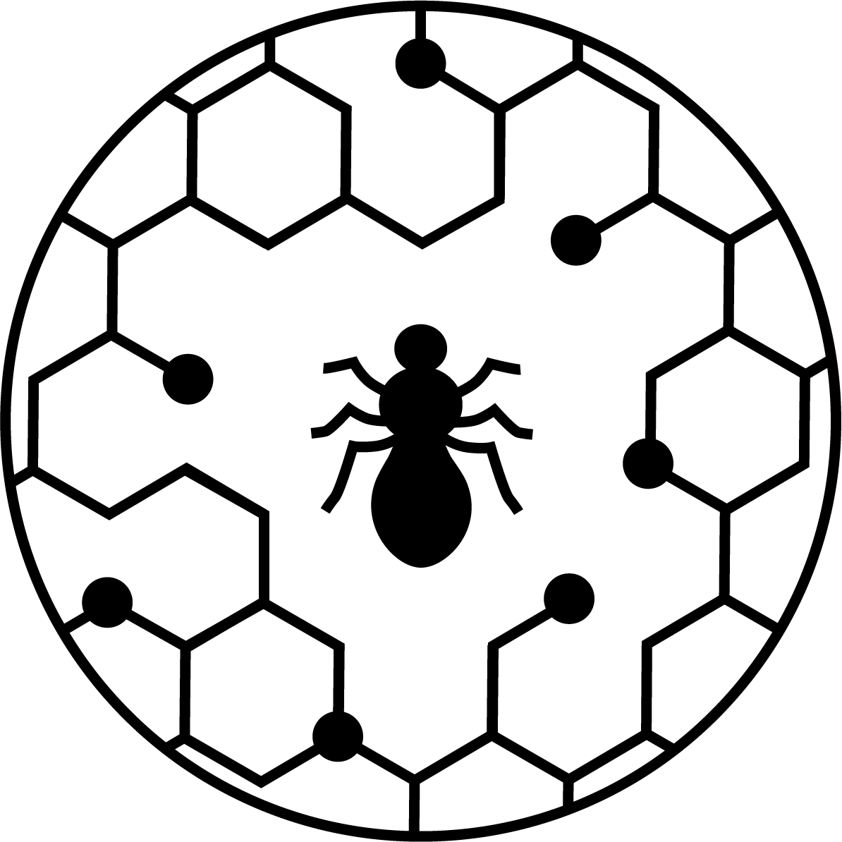 A line-based icon depicting connected hexagons within a circle with some dots connecting some meeting points, and an ant in the centre