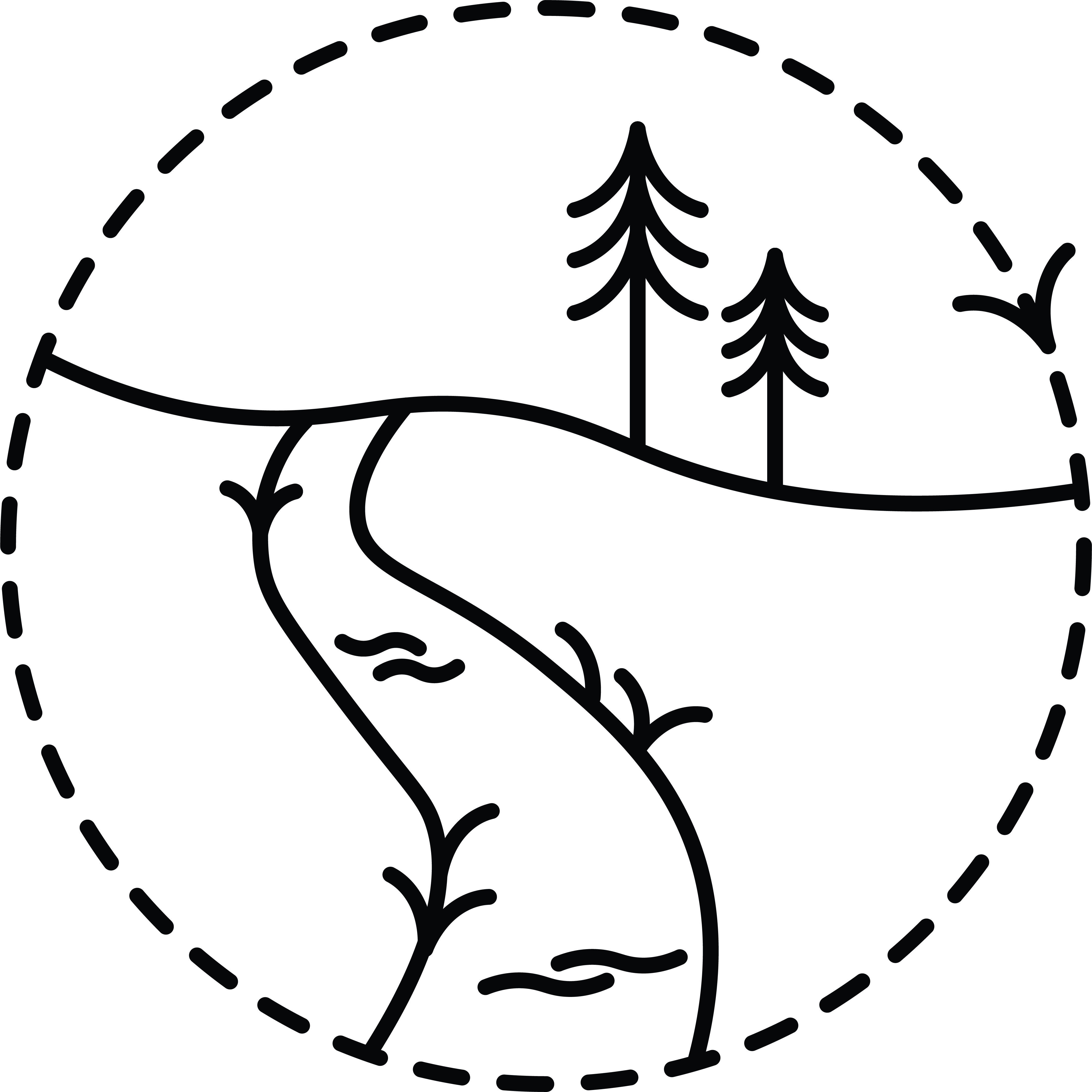 A line-based icon depicting pine trees on hilly ground and a river encased in a dashed circle with an arrow on it