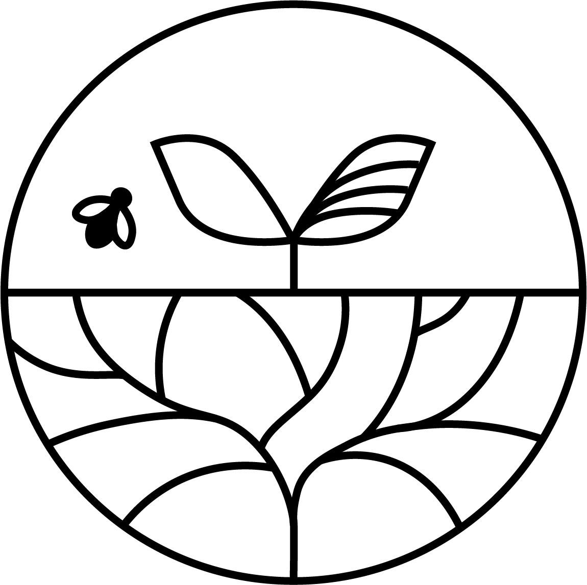 A line-based icon depicting a split circle with tree of life below and a sprout with lines on one leaf above, and a bug flying beside